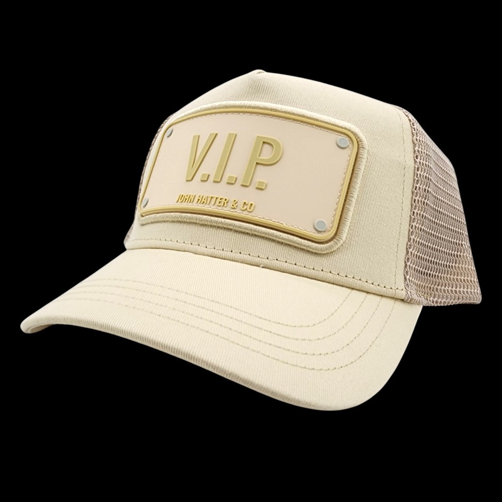 John Hatter & Co VIP Trucker Hat Rubber Plaque Plate Beige Snapback Cap NEW